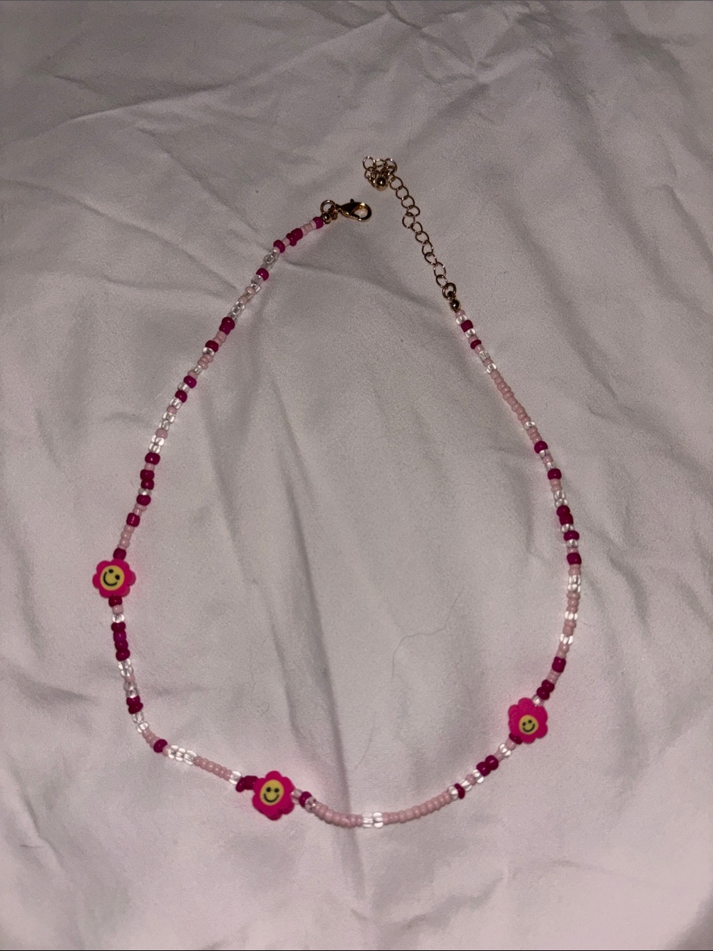 Pink Beaded Smiley Flower Choker Necklace